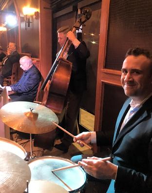 The Rat Pack Jazz trio this night in September 2017 included pianist Bobby Schiff, bassist Mark Sonksen and drummer George Fludas