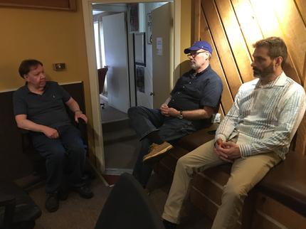Guitarist Dan McIntyre, pianist Larry Harris and bassist Dennis Carroll in the control booth at the first recording session (March 2020) for Frank Lamphere's CD "Now, THAT'S Amore"